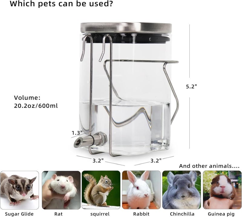 HardcorePet Guinea Pig Water Bottle No Drip, Rabbit Glass Waterer, Chinchilla Stainless Steel Nozzle Anti-Bite Water Dispenser for Small Animal, Bunny, Hamster, Sugar Glider and Rat(20.2oz) - Image 3